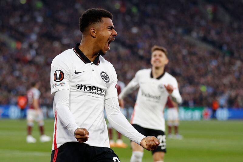Frankfurt's Ansgar Knauff celebrates scoring the opening goal in the 2-1 Europa League semi-final first leg victory against West Ham at the London Stadium on April 28. AFP