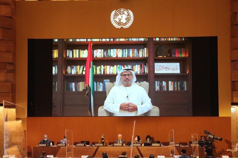 Dr Anwar Gargash, diplomatic adviser to the President, Sheikh Khalifa, addresses the UN Human Rights Council in Geneva. Image: Wam