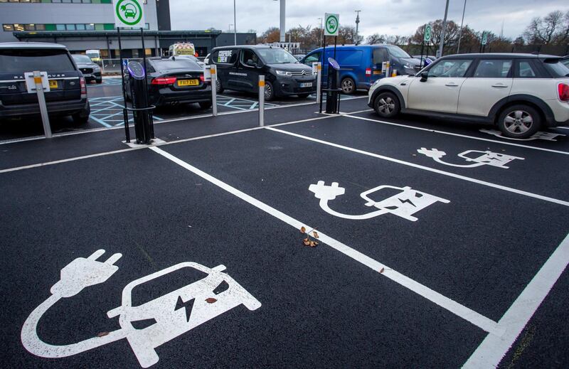 CWMBRAN, WALES - NOVEMBER 24:  a general view of an electric car charging place on November 24, 2020 in Cwmbran, Wales, United Kingdom. The UK Government has declared that the Ban on new petrol and diesel cars have been brought forward tp 2030 in the UK. (Photo by Huw Fairclough/Getty Images)
