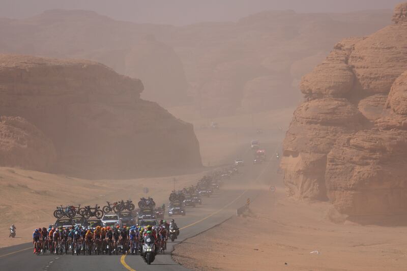 The pack rides during the second stage of the 2023 Saudi Tour