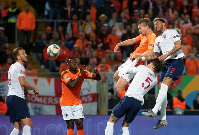 Netherlands' de Ligt, second right, scores the 1-1 equaliser. AP Photo