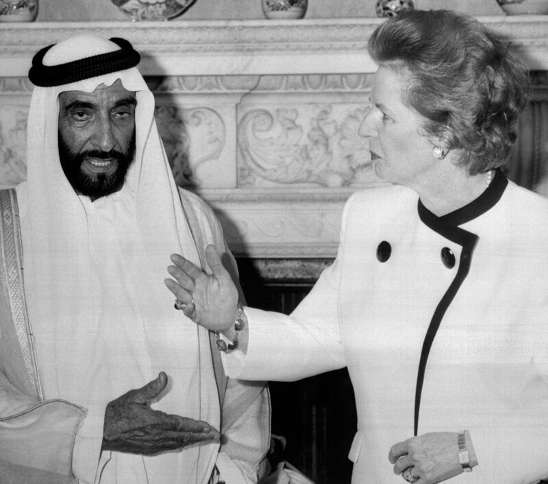 Sheikh Zayed bin Sultan Al-Nahayan with Margaret Thatcher, exchange hand signals at 10 Downing Street The President is on a four-day official visit to Britain.