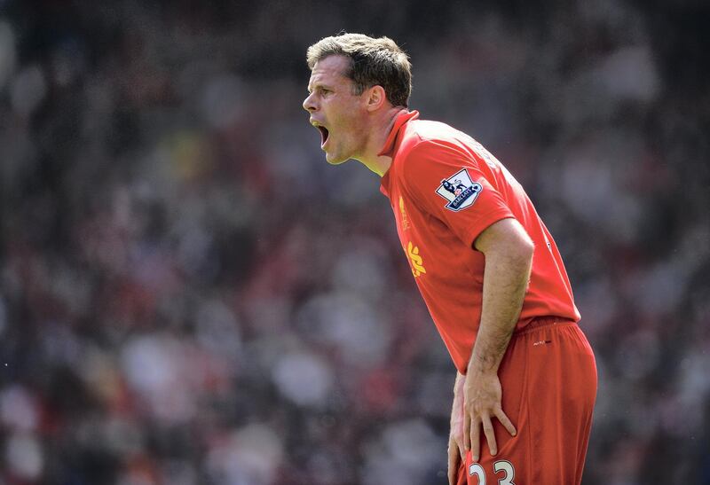 LIVERPOOL, ENGLAND - MAY 05:  Jamie Carragher of Liverpool shouts to his team-mates during the Barclays Premier League match between Liverpool and Everton at Anfield on May 5, 2013 in Liverpool, England.  (Photo by Laurence Griffiths/Getty Images)