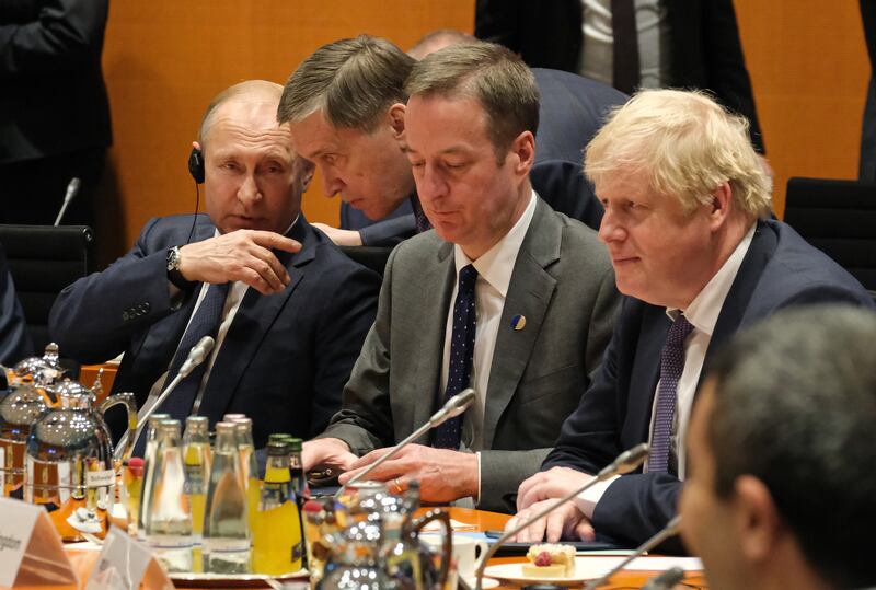Russian President Vladimir Putin and Boris Johnson at a summit in Berlin, Germany, in 2020. Getty
