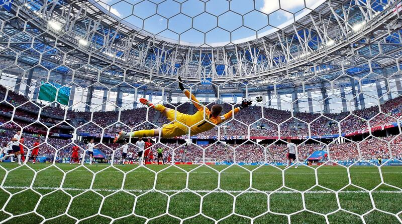 epa06835761 Goalkeeper Jordan Pickford of England in action during the FIFA World Cup 2018 group G preliminary round soccer match between England and Panama in Nizhny Novgorod, Russia, 24 June 2018.

(RESTRICTIONS APPLY: Editorial Use Only, not used in association with any commercial entity - Images must not be used in any form of alert service or push service of any kind including via mobile alert services, downloads to mobile devices or MMS messaging - Images must appear as still images and must not emulate match action video footage - No alteration is made to, and no text or image is superimposed over, any published image which: (a) intentionally obscures or removes a sponsor identification image; or (b) adds or overlays the commercial identification of any third party which is not officially associated with the FIFA World Cup)  EPA/FRANCK ROBICHON   EDITORIAL USE ONLY