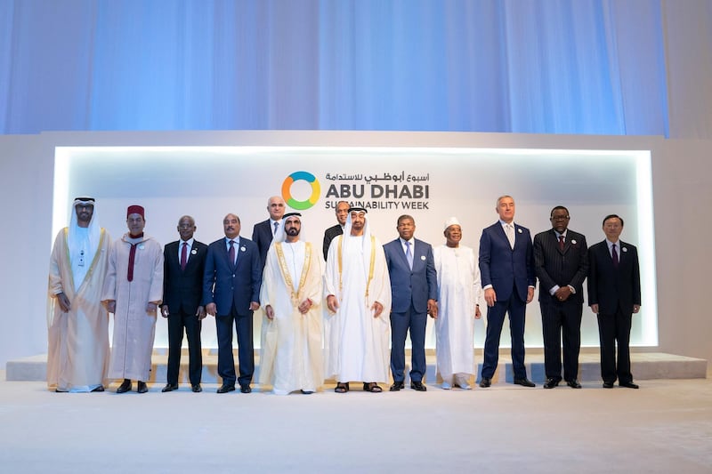 ABU DHABI, UNITED ARAB EMIRATES - January 14, 2019: HH Sheikh Mohamed bin Zayed Al Nahyan, Crown Prince of Abu Dhabi and Deputy Supreme Commander of the UAE Armed Forces (front row 6th L) and HH Sheikh Mohamed bin Rashid Al Maktoum, Vice-President, Prime Minister of the UAE, Ruler of Dubai and Minister of Defence (front row 5th L), stand for a photograph with for a group photo with Heads of State, during the opening ceremony of the World Future Energy Summit 2019, part of Abu Dhabi Sustainability Week, at Abu Dhabi National Exhibition Centre (ADNEC). Seen with (front row) HE Dr Sultan Ahmed Al Jaber, UAE Minister of State, Chairman of Masdar and CEO of ADNOC Group (L), HRH Moulay Rachid Prince of Morocco (2nd L), HE Ibrahim Mohamed Solih, President of the Maldives (3rd L), HE Mohamed Ould Abdel Aziz, President of Mauritania (4th L), HE Joao Manuel Lourenco, President of Angola (7th L), HE Ibrahim Boubacar Keita, President of Mali (8th L), HE Milo Djukanovic, President of Montenegro (9th L), HE Hage Geingob, President of Namibia (10th L), HE Yang Jiechi, Special Representative of the Chinese President (L), HE Shahin Mustafayev, Minister of Economic Development of Azerbaijan (2nd row L) and HE Taneti Mamau, President of Kiribati (2nd row R).

( Mohamed Al Hammadi / Ministry of Presidential Affairs )
---