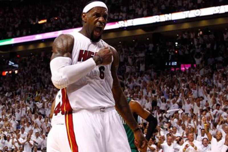 MIAMI, FL - MAY 30: LeBron James #6 of the Miami Heat reacts in the second half against the Boston Celtics in Game Two of the Eastern Conference Finals in the 2012 NBA Playoffs on May 30, 2012 at American Airlines Arena in Miami, Florida. NOTE TO USER: User expressly acknowledges and agrees that, by downloading and or using this photograph, User is consenting to the terms and conditions of the Getty Images License Agreement.   Mike Ehrmann/Getty Images/AFP== FOR NEWSPAPERS, INTERNET, TELCOS & TELEVISION USE ONLY ==

