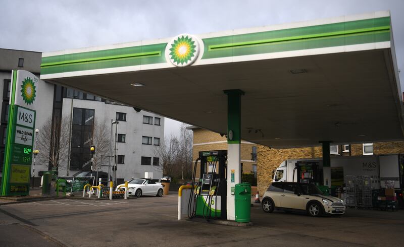 The BP logo is displayed on a garage in northern London, Britain, 28 February 2022.  Energy company BP is to offload its 19. 75 percent stake in Russian state-owned oil firm Rosneft. EPA