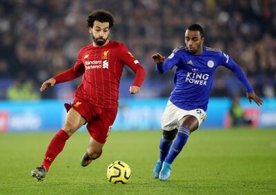 Soccer Football - Premier League - Leicester City v Liverpool - King Power Stadium, Leicester, Britain - December 26, 2019  Liverpool's Mohamed Salah in action with Leicester City's Ricardo Pereira       Action Images via Reuters/Carl Recine  EDITORIAL USE ONLY. No use with unauthorized audio, video, data, fixture lists, club/league logos or "live" services. Online in-match use limited to 75 images, no video emulation. No use in betting, games or single club/league/player publications.  Please contact your account representative for further details.