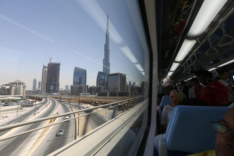 View from the Burj Khalifa Metro station in Dubai. During some peak months, the average number of metro passengers touches 360,000 per day at a rate of about 20,000 riders per hour per direction in both lines, which accounts for about 40 per cent of the designed capacity of metro. Pawan Singh / The National 