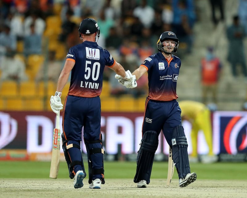 Abu Dhabi, United Arab Emirates - November 18, 2019: Arabians Chris Lynn (L) and Adam Lyth during the game between Maratha Arabians and Team Abu Dhabi in the Abu Dhabi T10 league. Monday the 18th of November 2019. Zayed Cricket Stadium, Abu Dhabi. Chris Whiteoak / The National