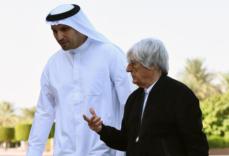 H. E. Khaldoon Al Mubarak Abu Dhabi Executive Affairs Authority and Bernie Ecclestone CEO Formula One Group. Courtesy Sutton Motorsport Images