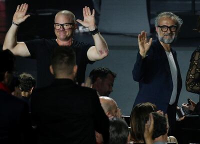 Chefs Heston Blumenthal and Massimo Bottura react during the World's 50 Best Restaurants Awards at the Marina Bay Sands in Singapore, June 25, 2019. REUTERS/Feline Lim