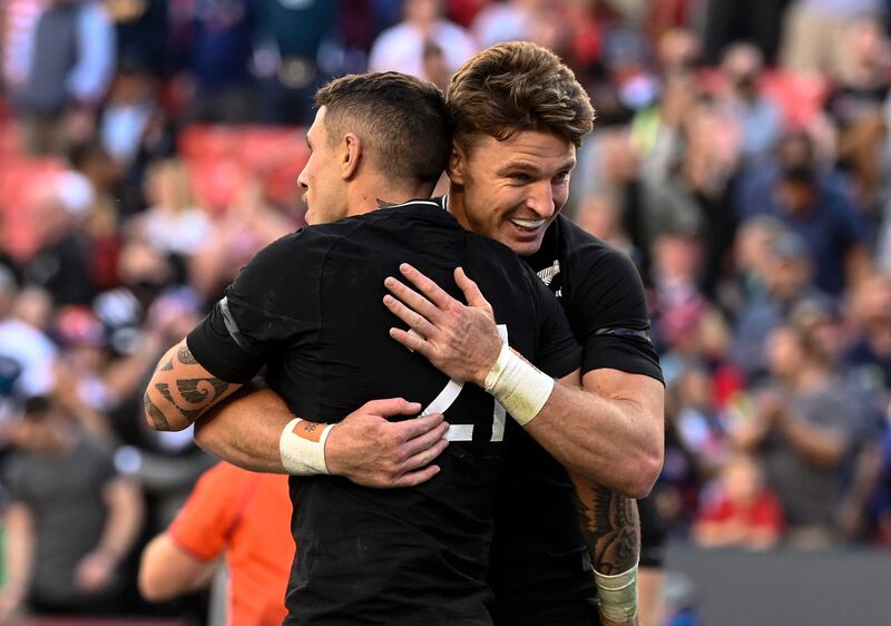 New Zealand All Blacks players celebrate a try during the 1874 Cup match against the USA Eagles at FedEx Field in Landover, Maryland on October 23, 2021. New Zealand won the match 104-14. AFP