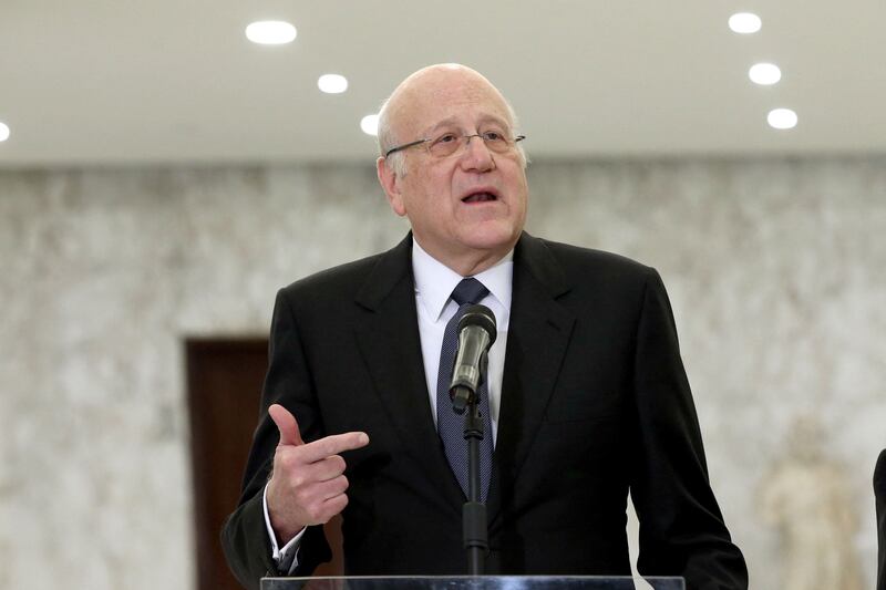 Lebanese Prime Minister Najib Mikati speaks at the presidential palace. Supplied