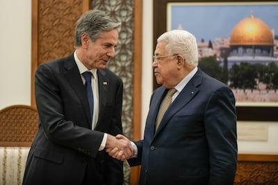 US Secretary of State Antony Blinken, left, with Palestinian leader Mahmoud Abbas in the West Bank town of Ramallah in January. EPA