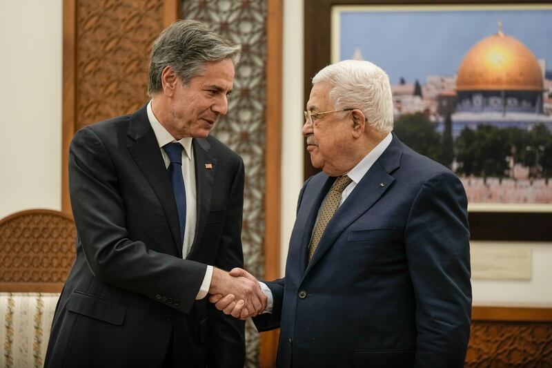 The Secretary of State meets Palestinian President Mahmoud Abbas in Ramallah in the occupied West Bank. EPA