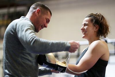 Chantelle Cameron with trainer Jamie Moore at VIP Boxing Gym in Manchester, England, ahead of her fight with Jessica McCaskill in Abu Dhabi. Getty