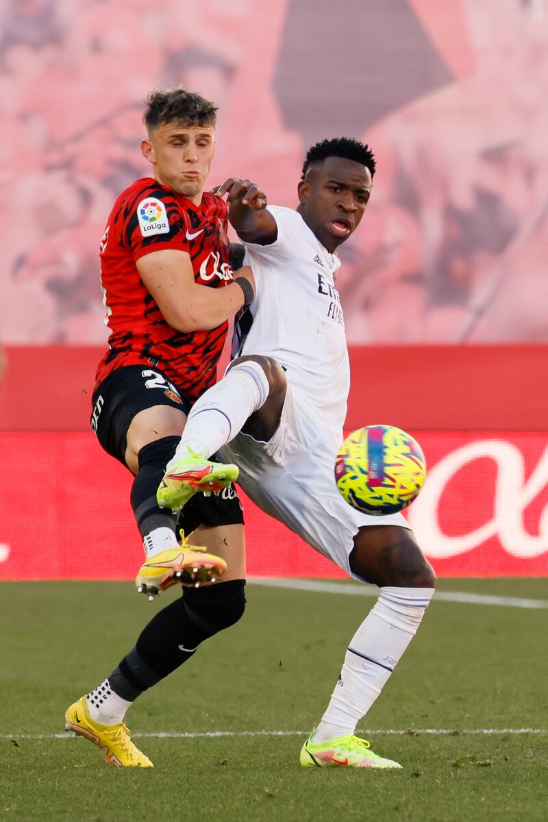 Real Madrid's Vinicius Junior in action against Mallorca's Giovanni Gonzalez. EPA