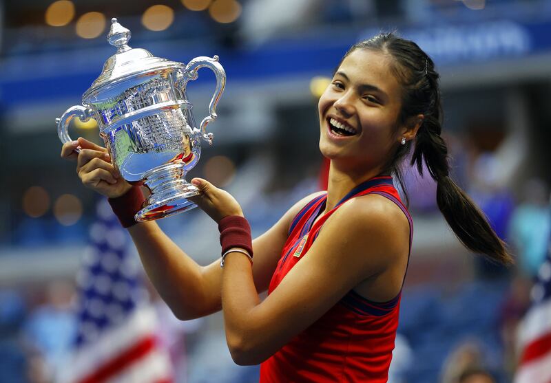 Emma Raducanu of Great Britain celebrates with the US Open championship in New York on September 11. EPA