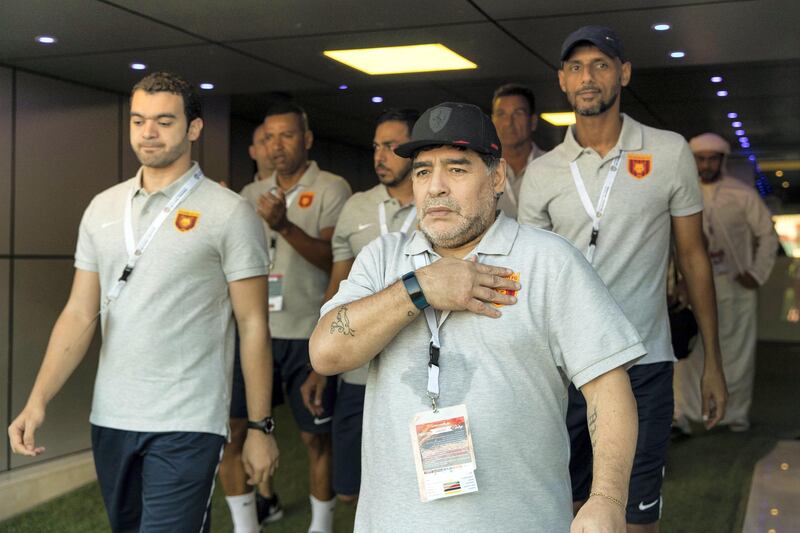 Fujairah, United Arab Emirates, November 4, 2017:    Diego Maradona, head coach of Fujairah football club, arrives to their game against Al Orouda ahead of their UAE first division regular season match at the Fujairah stadium in Fujairah on November 4, 2017. Christopher Pike / The National

Reporter: John McAuley
Section: Sport