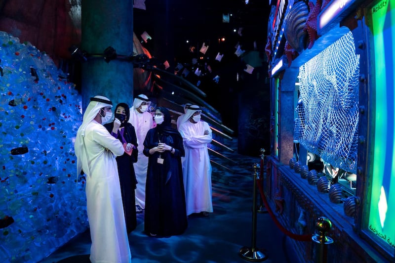 Sheikh Hamdan bin Mohammed admiring one of the displays inside Terra - the Sustainability Pavilion on his tour of the Expo 2020 site. Courtesy, WAM