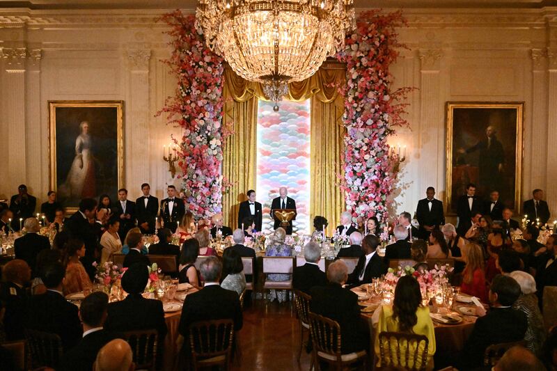  US President Joe Biden speaks, flanked by Japanese Prime Minister Fumio Kishida, during a state dinner at the White House in Washington, DC. AFP