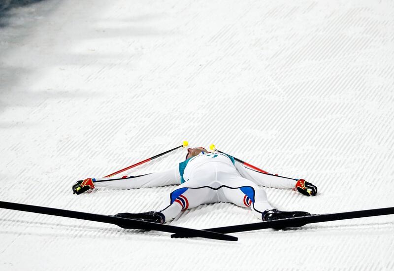 Jarl Magnus Riiber of Norway reacts after the finish of the Men’s Individual 10km Final. Kai Pfaffenbach / Reuters