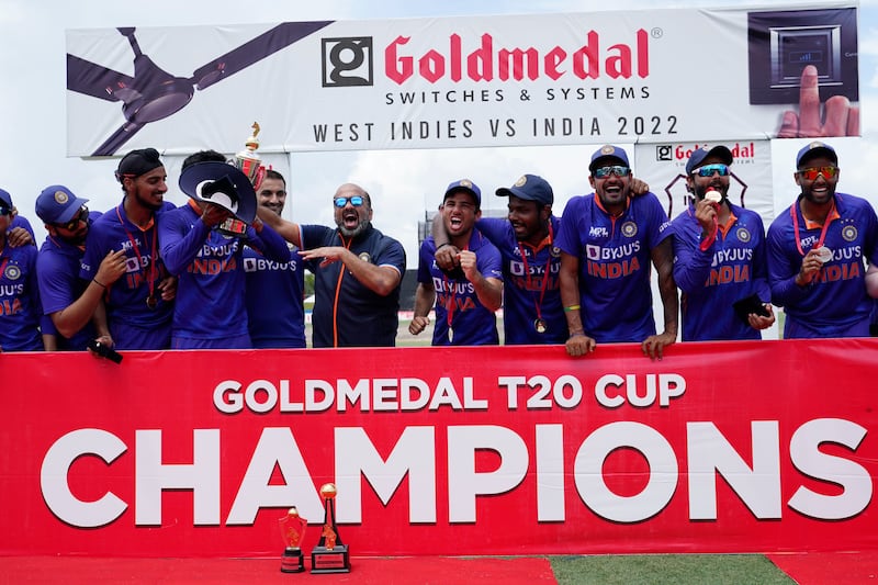 India celebrate after completing a 4-1 T20 series win over the West Indies. AP