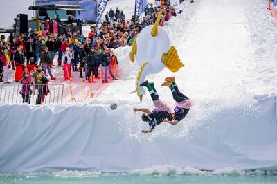 Competitors perform during Red Bull Jump and Freeze at Mzaar Ski Resort, Kfardebian, Lebanon on February 23, 2019 // Akl Yazbeck / Red Bull Content Pool // SI201902250261 // Usage for editorial use only // 