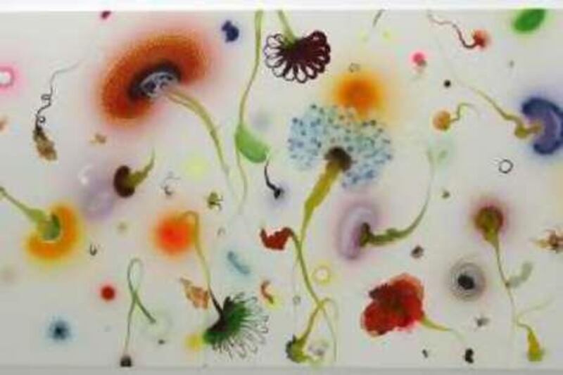 DUBAI, UNITED ARAB EMIRATES – Dec 11: Art work by Thierry Feuz, Lacquer on canvas,titled ‘Perfect day’, year 2008, size 120x220cm on display at Carbon 12 gallery in Dubai marina, Dubai.  (Pawan Singh / The National) *** Local Caption ***  PS03- CARBON 12.jpg