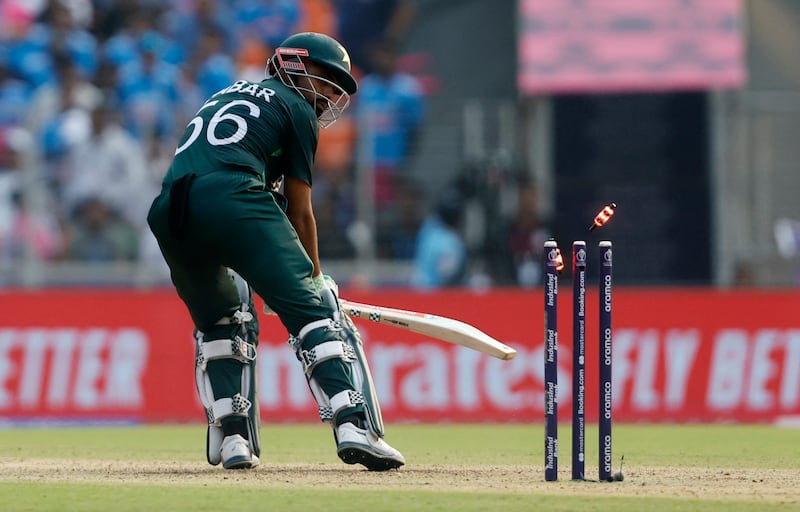 Pakistan's Babar Azam gets bowled out by India's Mohammed Siraj. Reuters