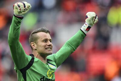 Aston Villa's Irish goalkeeper Shay Given reacts after winning the FA Cup semi-final between Aston Villa and Liverpool at Wembley stadium in London on April 19, 2015.
AFP PHOTO / GLYN KIRK
NOT FOR MARKETING OR ADVERTISING USE / RESTRICTED TO EDITORIAL USE (Photo by GLYN KIRK / AFP)