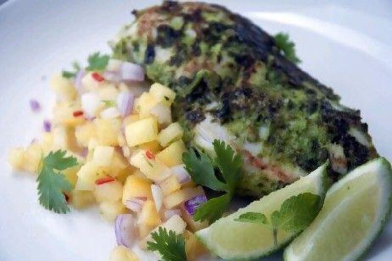 Coriander chicken with pineapple salsa.