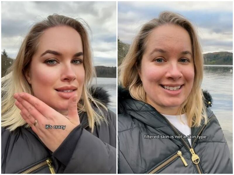 A before-and-after look of TikTok's Bold Glamour effect. Photo: joannajkenny / TikTok