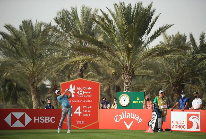 Tyrrell Hatton tees off on the 14th hole during Day Three of the Abu Dhabi HSBC Championship. Getty Images