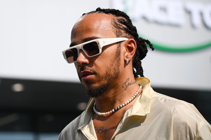 Lewis Hamilton walks in the paddock ahead of the Saudi Arabia Grand Prix at Jeddah Corniche Circuit on March 06, 2024. Getty