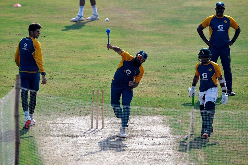 Pakistan's head coach Misbah-ul-Haq, centre, during a practice session at the Rawalpindi Cricket Stadium. AFP