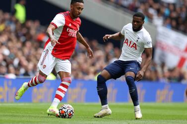 LONDON, ENGLAND - AUGUST 08: Pierre-Emerick Aubameyang of Arsenal  during the Pre-season friendly between Tottenham Hotspur and Arsenal at Tottenham Hotspur Stadium on August 08, 2021 in London, England. (Photo by Catherine Ivill / Getty Images)