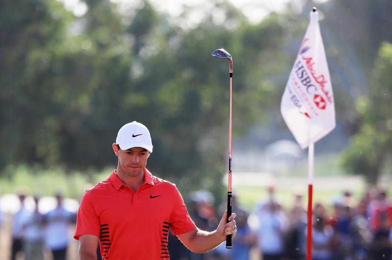 ABU DHABI, UNITED ARAB EMIRATES - JANUARY 20:  Rory McIlroy of Northern Ireland celebrates after chipping in for birdie on the 17th hole during round three of the Abu Dhabi HSBC Golf Championship at Abu Dhabi Golf Club on January 20, 2018 in Abu Dhabi, United Arab Emirates.  (Photo by Matthew Lewis/Getty Images)