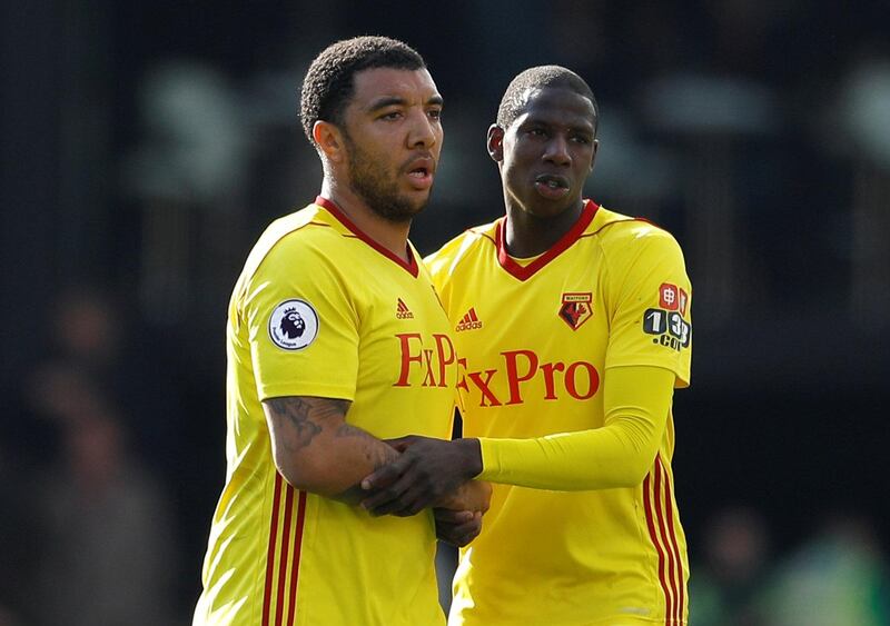 Soccer Football - Premier League - Watford vs AFC Bournemouth - Vicarage Road, Watford, Britain - March 31, 2018   Watford's Troy Deeney and Abdoulaye Doucoure after the match    REUTERS/Peter Nicholls    EDITORIAL USE ONLY. No use with unauthorized audio, video, data, fixture lists, club/league logos or "live" services. Online in-match use limited to 75 images, no video emulation. No use in betting, games or single club/league/player publications.  Please contact your account representative for further details.