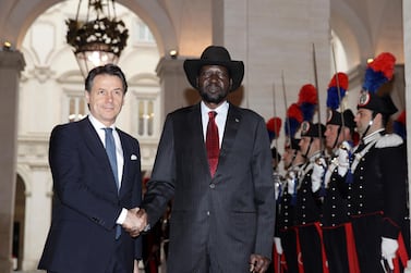 South Sudan President Salva Kiir and Italian Premier Giuseppe Conte shake hands during a welcome ceremony ahead of a Vatican retreat. AP