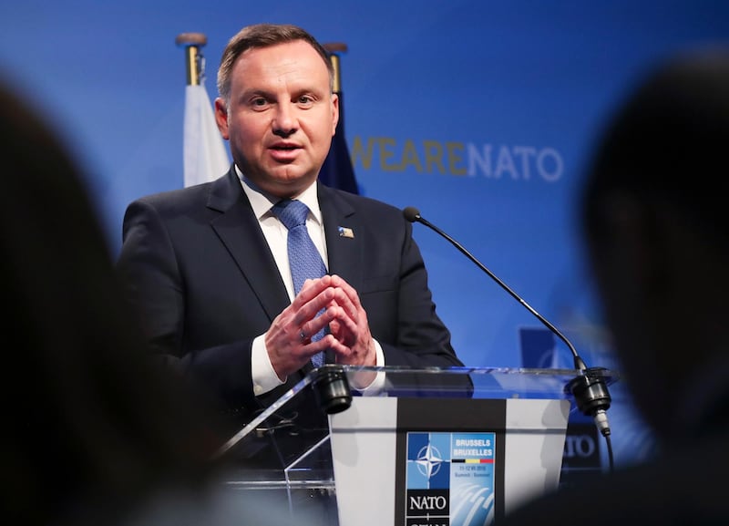 epa06883106 Polish President Andrzej Duda during a news conference on the second day of a NATO Summit in Brussels, Belgium, 12 July 2018. NATO member countries' heads of states and governments gather in Brussels on 11 and 12 July 2018 for a two days meeting.  EPA/TATYANA ZENKOVICH