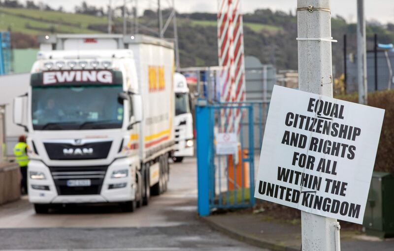 A lorry leaves Larne port, north of Belfast in Northern Ireland, after arriving on a ferry from Stranraer in Scotland, AFP