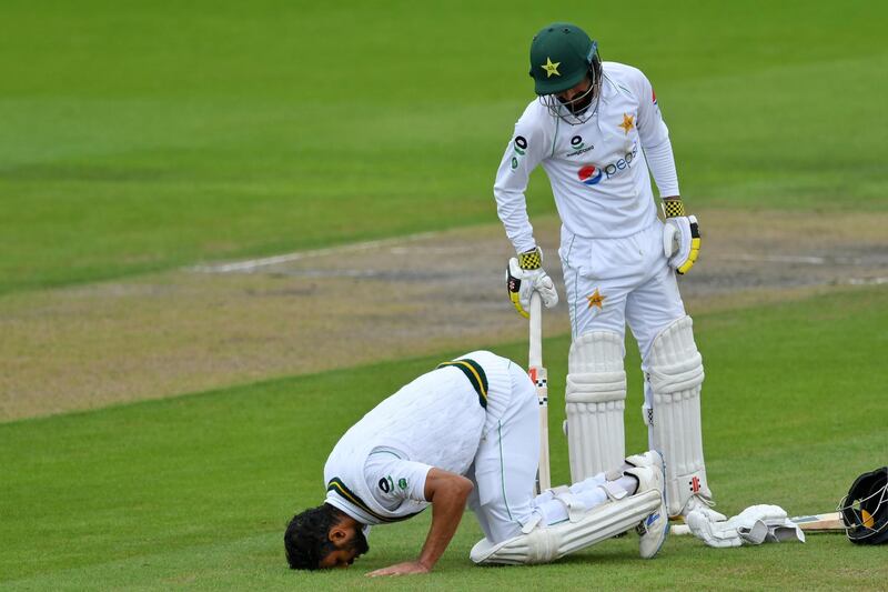 Pakistan's Shan Masood after reaching his century. AFP