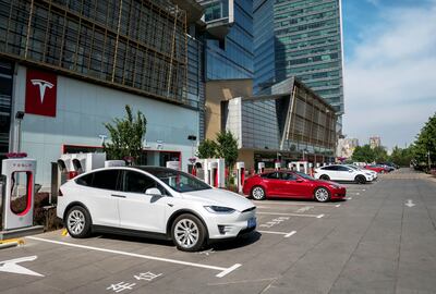 BEIJING, CHINA - 2017/05/16: On May.15, a Tesla super charging station, located in Beijing Huamao center(China Central Mall), has been officially put into use.  It is equipped with 20 ground super charging piles and provides fast charging service to all Tesla car owners.  it is supposed to be the largest super charging station in Asia. By the end of 2017, Tesla will add 380 super charging piles in China. (Photo by Zhang Peng/LightRocket via Getty Images)