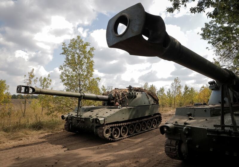 Ukrainian heavy armoured vehicles are driven into position in Donetsk region. Reuters