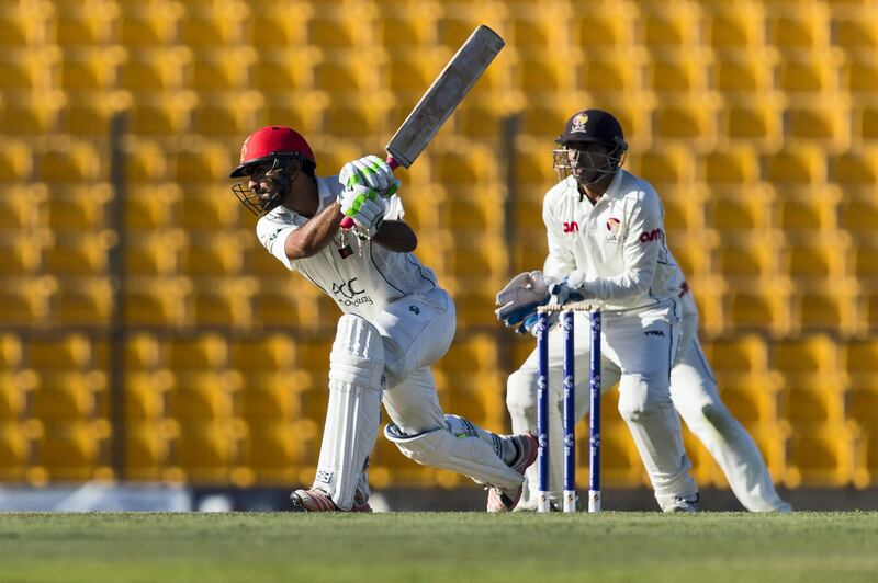 Abu Dhabi, United Arab Emirates, November 29, 2017:    Ihsanullah of Afghanistan bats against UAE during their ICC Intercontinental Cup cricket match at Zayed Cricket Stadium in the Khalifa City area of Abu Dhabi on November 29, 2017. Christopher Pike / The National

Reporter: Amith Passela
Section: Sport