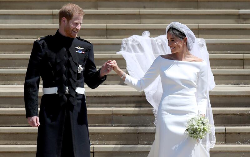 WINDSOR, UNITED KINGDOM - MAY 19:  Prince Harry, Duke of Sussex and the Duchess of Sussex depart after their wedding ceremonyat St George's Chapel at Windsor Castle on May 19, 2018 in Windsor, England. (Photo by Jane Barlow - WPA Pool/Getty Images)