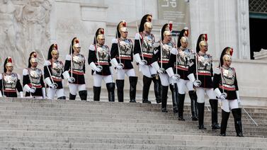 The Corazzieri, the Presidential Guard, line up for a wreath-laying ceremony at the Altar of the Fatherland to commemorate the 79th Liberation Day in Rome. EPA